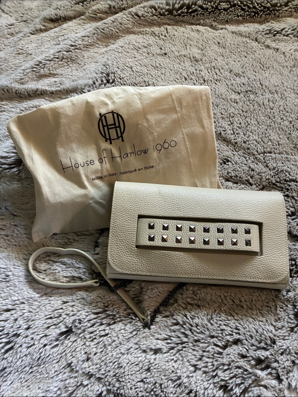 House of Harlow 1960 Cream Leather Studded Wristlet Clutch